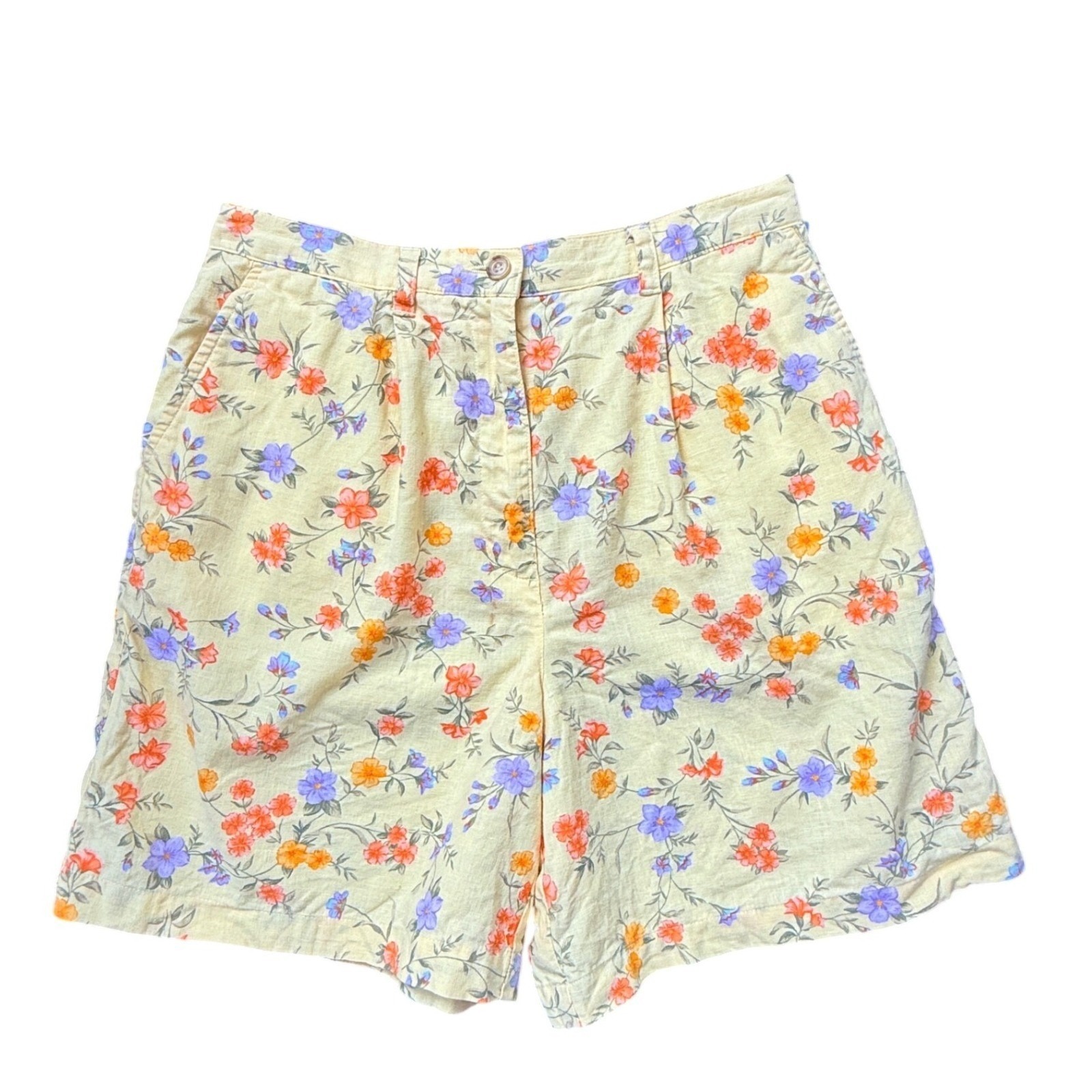 A2 80s Vintage Jones New York Sport Yellow Floral Linen Cotton Shorts High Rise